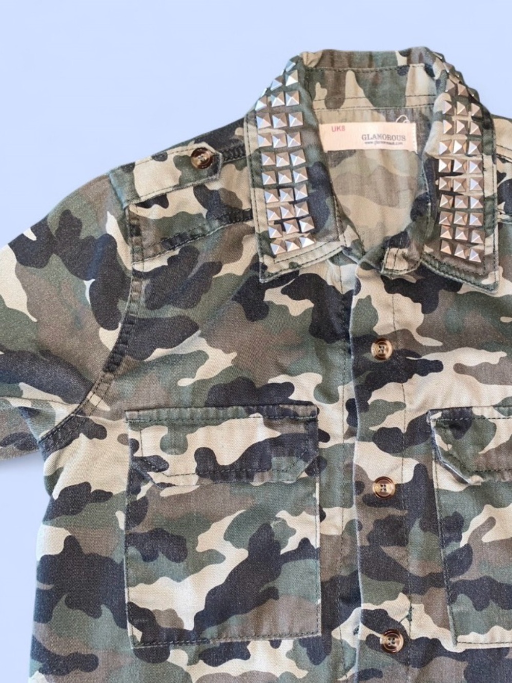 Green Camouflage Button Up Shirt with Studded Collar Women’s Size Small